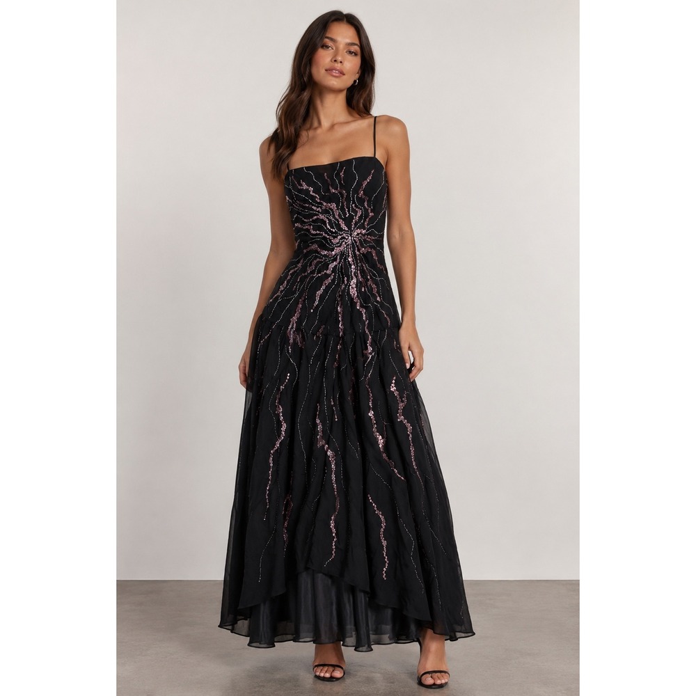 Y2K Rare Studio 17 Black Silk Sequin Beaded Formal Gown Dress Size 16 Pink